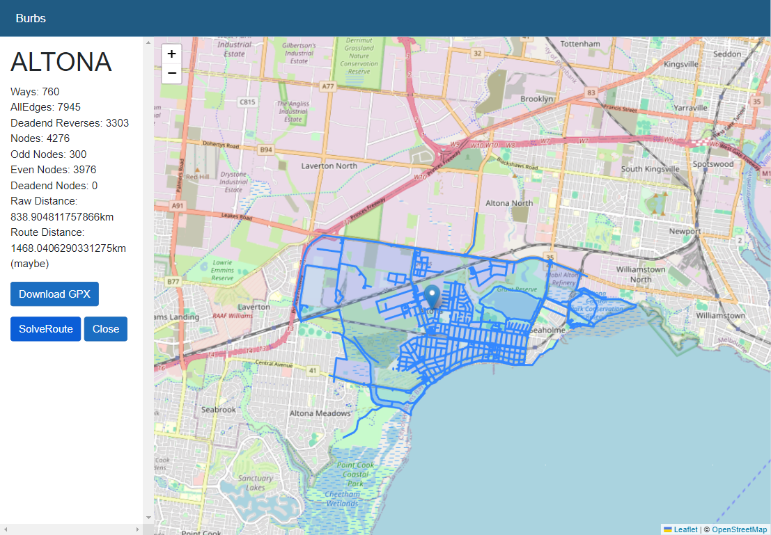 Screenshot of app showing map of all the streets in Altona